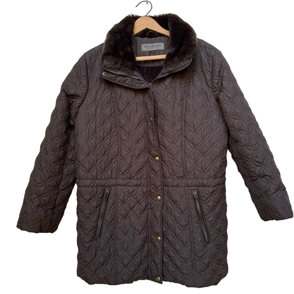 Marc New York Andrew Marc Quilted Brown Jacket Faux Fur Collar L